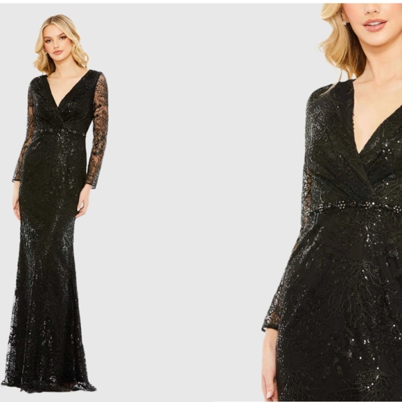 MAC DUGGAL 68016 EMBELLISHED WRAP OVER LONG SLEEVE BLACK GOWN sz 12 - Picture 1 of 5